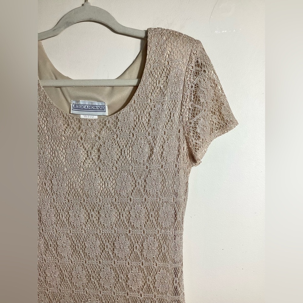 Vintage Crochet Lace Champagne Gown Retro Wedding - Picture 9 of 16